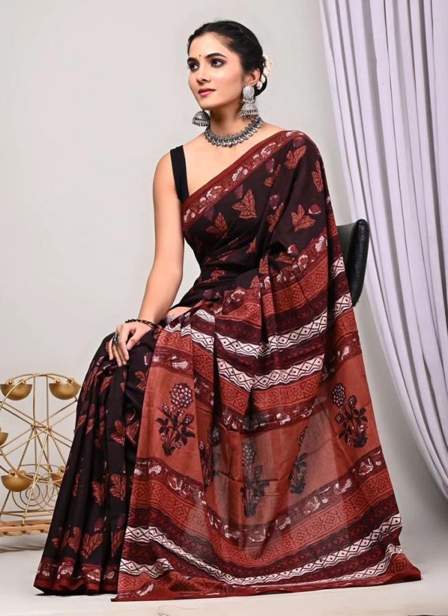 Pure Linen Cotton Brown Casual Wear Pure Hand Work Saree